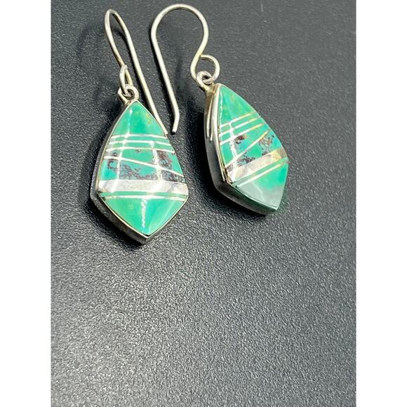 E Webster Vintage Sterling Silver Turquoise Inlay Dangle Earrings USA Signed - Picture 5 of 10